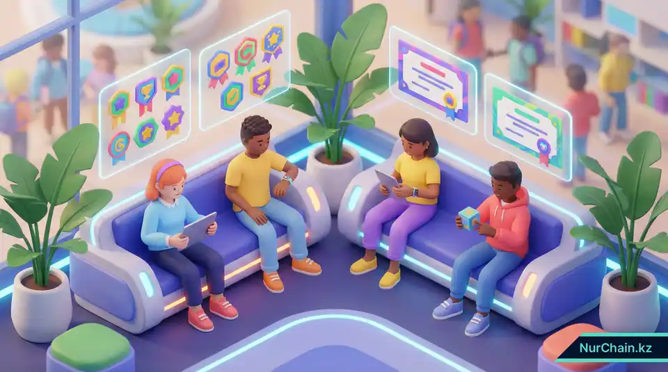 Современные студенты, взаимодействующие с цифровыми достижениями и голографическими интерфейсами в высокотехнологичном кампусе.