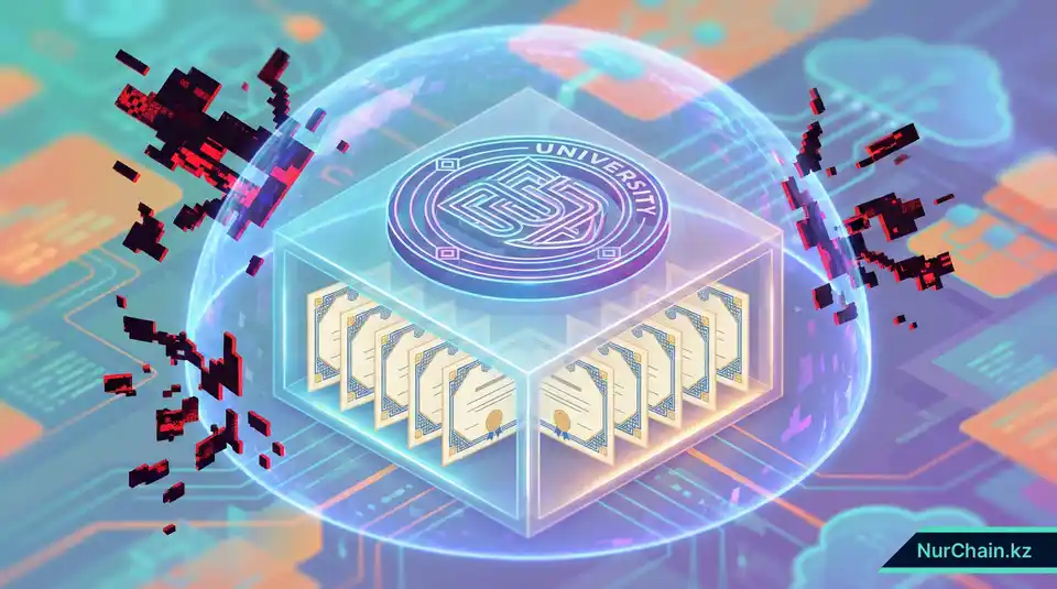 Цифровой щит, защищающий образовательные документы от подделок, что символизирует сохранность репутации учреждения и надежность блокчейна.
