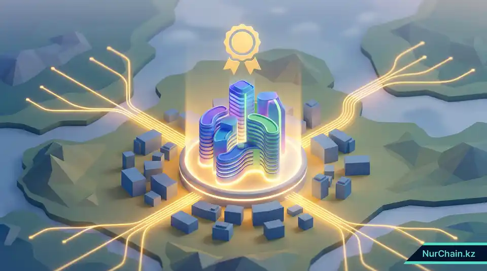 Футуристическое здание университета на цифровой карте Центральной Азии, символизирующее лидерство и статус первопроходца в сфере цифрового образования.