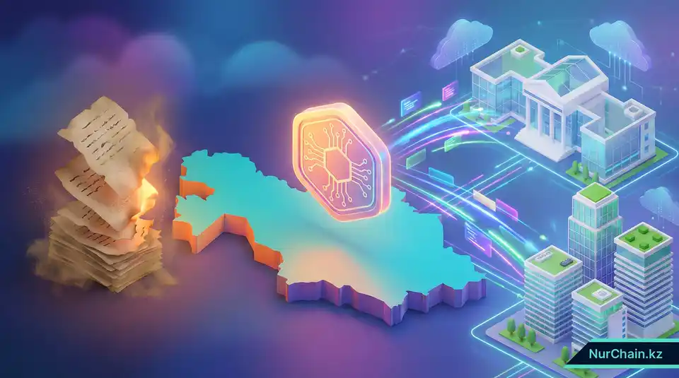 3D-иллюстрация цифрового NFT-токена, парящего над картой Казахстана и наглядно показывающего переход от старых бумажных дипломов к современным блокчейн-технологиям.