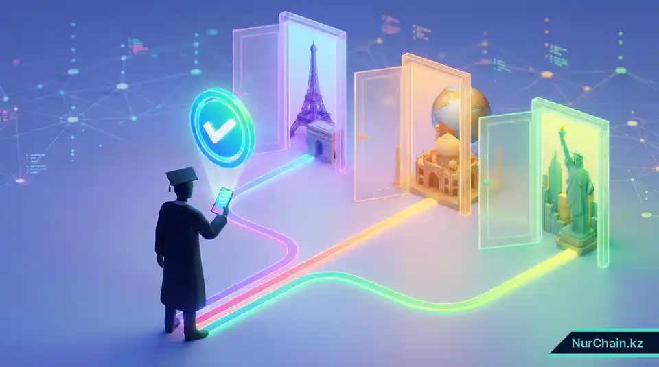 Выпускник, использующий смартфон для доступа к глобальным карьерным возможностям, что олицетворяет международную мобильность и востребованность на рынке труда.