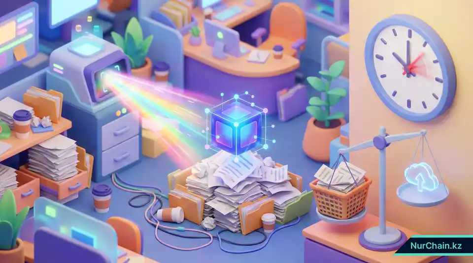 3D-визуализация трансформации бумажных папок в цифровые данные, представляющая административную эффективность и автоматизацию процессов.