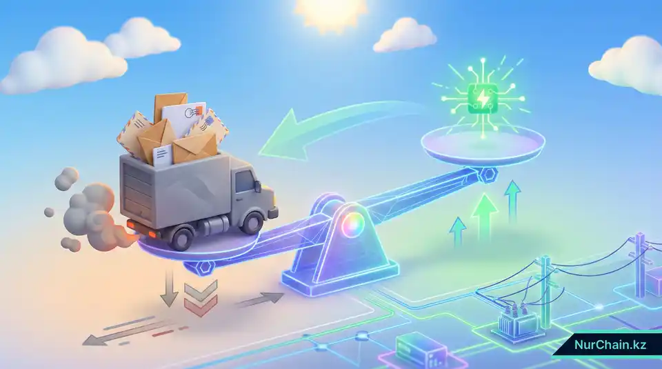 3D-весы, сравнивающие высокий углеродный след физической почтовой доставки с низким воздействием цифровых документов на блокчейне.