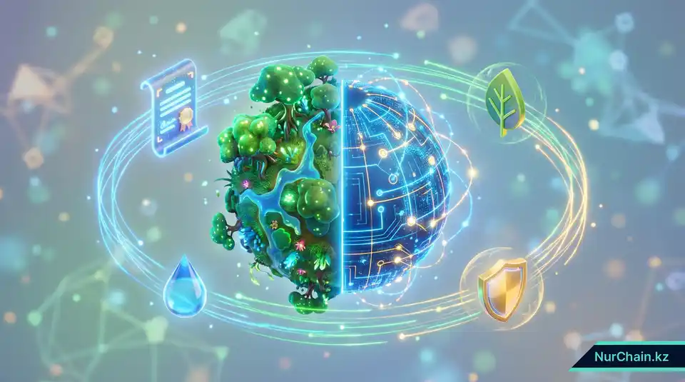 Инфографика, представляющая центральный глобус, где природа сливается с технологиями в окружении иконок цифровой устойчивости.