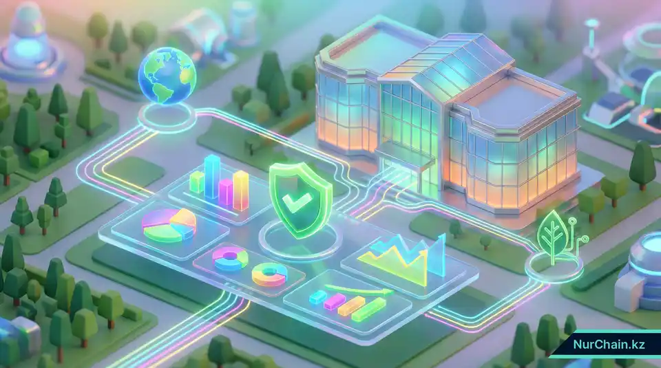 3D-здание университета с цифровой панелью ESG, отображающей данные об устойчивом развитии и соблюдении экологических стандартов с помощью технологии NFT.
