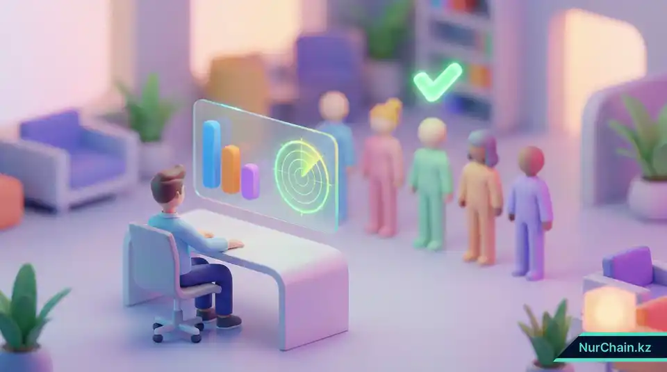 3D-сцена в офисе, показывающая карьерного консультанта, использующего панель данных в реальном времени для отслеживания статистики трудоустройства выпускников.