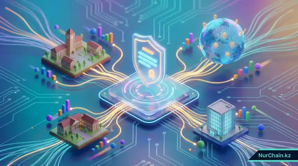 3D-визуализация цифрового диплома в центре сети данных, объединяющей университеты и работодателей по всему миру.