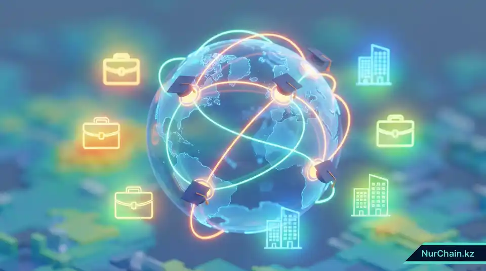 3D-изометрический глобус, показывающий светящиеся траектории мобильности выпускников и международные запросы на верификацию.