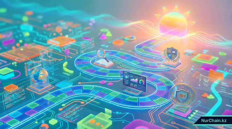 3D-визуализация стратегической дорожной карты, показывающая путь от цифровых документов к успеху учебного заведения.