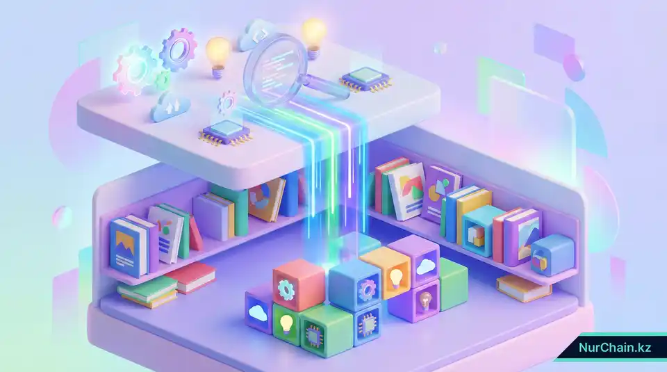 3D-графика, иллюстрирующая цикл обратной связи между данными о спросе работодателей и разработкой университетских учебных программ.