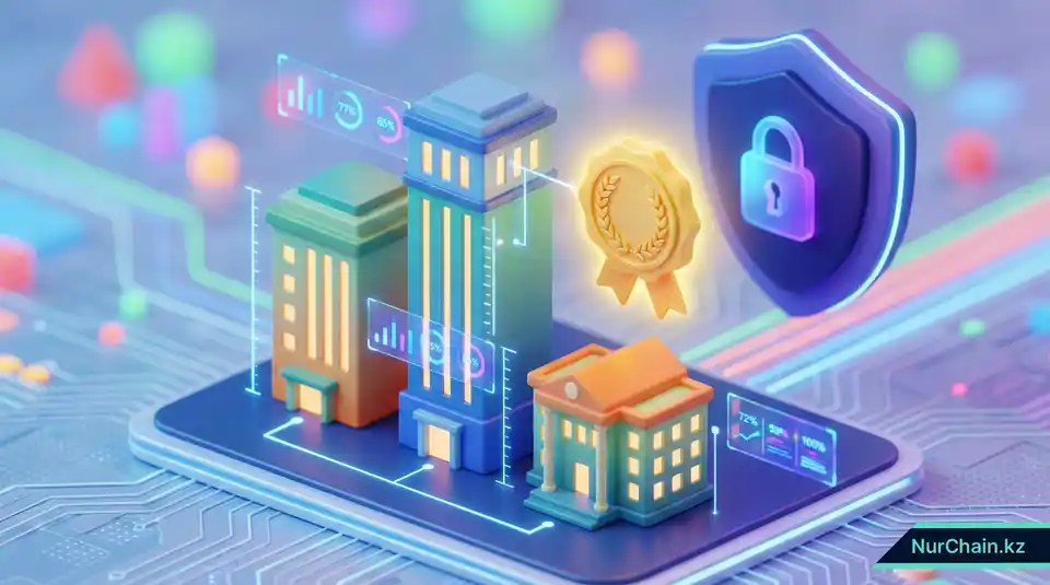 3D-графика институционального бенчмаркинга, сравнивающая показатели университетов и стандарты безопасности с помощью цифровой аналитики.