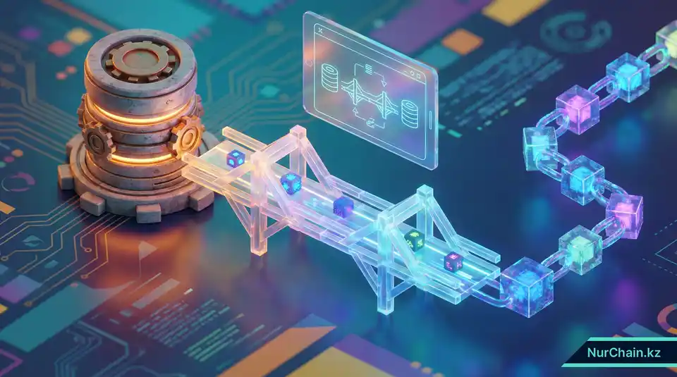 3D-визуализация моста, соединяющего базы данных университета с сетью блокчейн для интеграции данных.
