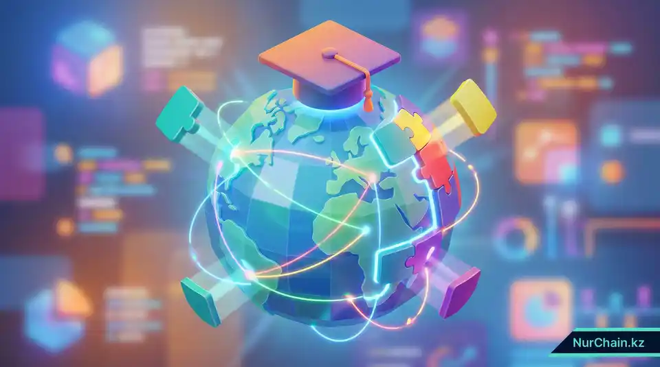 3D-инфографика глобальной сети, демонстрирующая стандартизированные данные студентов для международного признания дипломов.