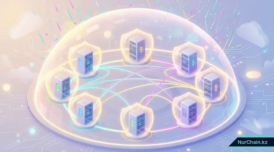 3D-инфографика, демонстрирующая децентрализованную систему резервного копирования и аварийного восстановления академических записей в блокчейне.