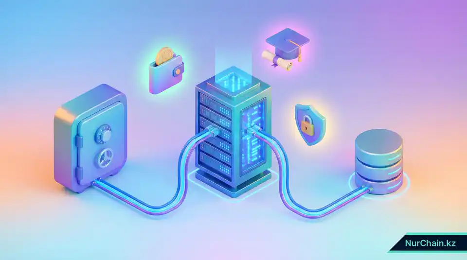 3D-инфографика, демонстрирующая серверную инфраструктуру, цифровые кошельки и защищенные хранилища для университетских NFT-систем.