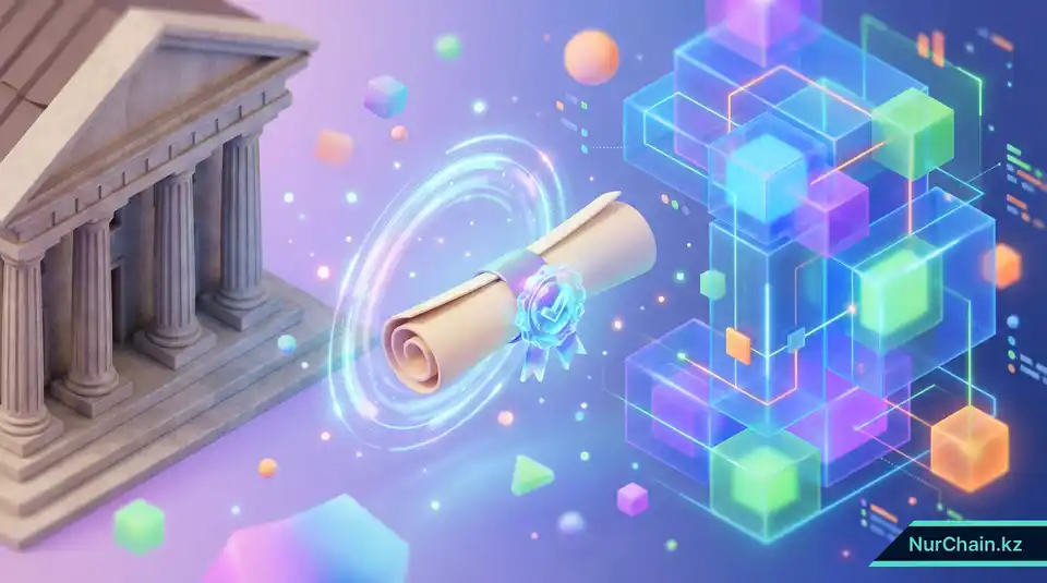 3D-иллюстрация традиционного здания университета, которое трансформируется в цифровую блокчейн-экосистему для NFT-дипломов.