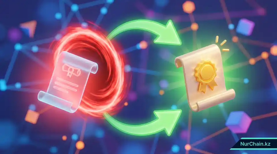 3D-визуализация процесса отзыва цифрового диплома, показывающая функцию сжигания и выпуск исправленной версии.