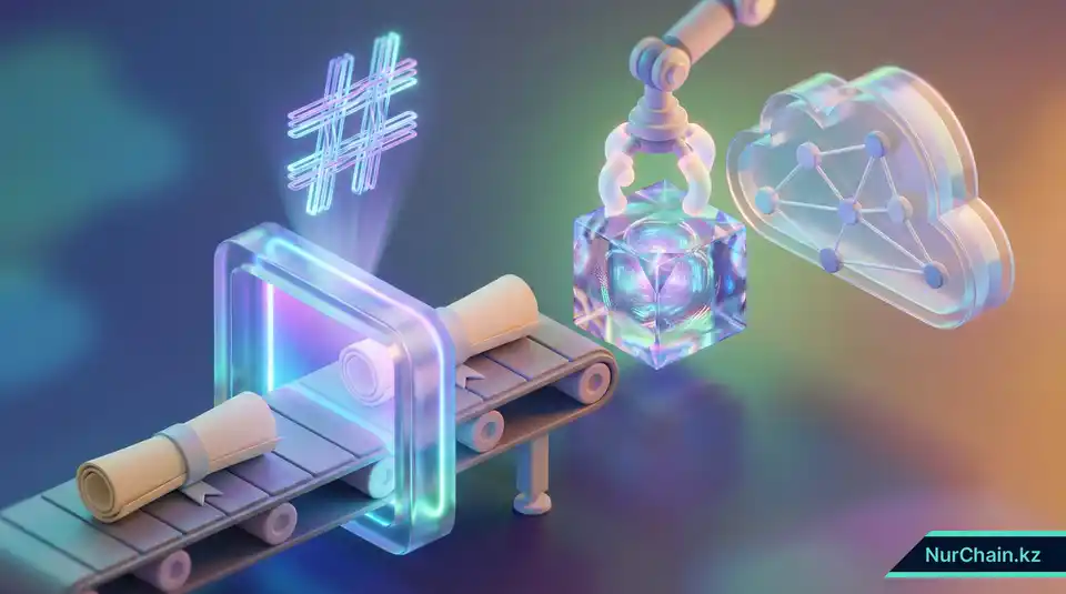 3D-схема технического жизненного цикла диплома: от университетской записи до NFT в блокчейне.