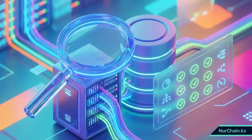 3D-инфографика, на которой изображена лупа, проверяющая серверные стойки и системы баз данных на предмет готовности к интеграции с блокчейном.
