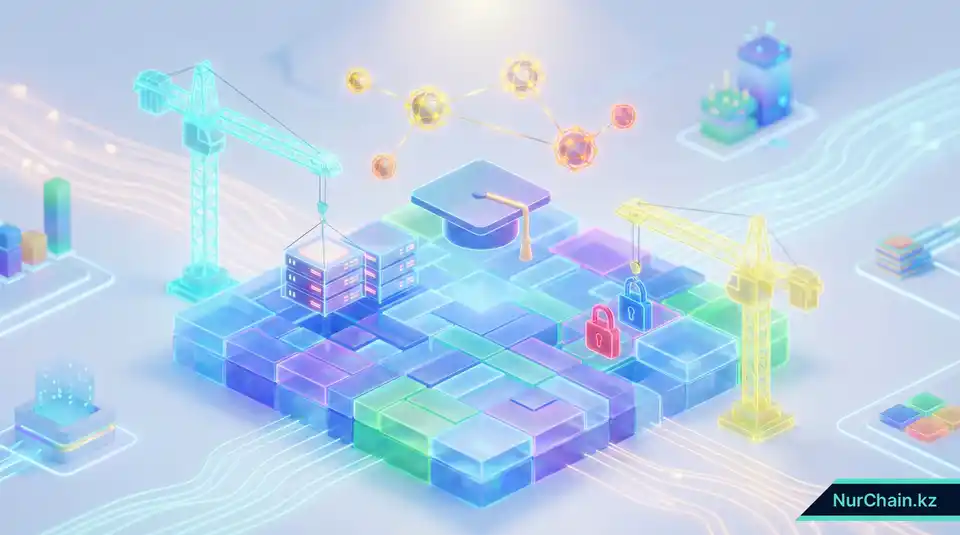 Трехмерная изометрическая иллюстрация процесса создания цифрового фундамента для выдачи NFT-дипломов с использованием технологии блокчейн.