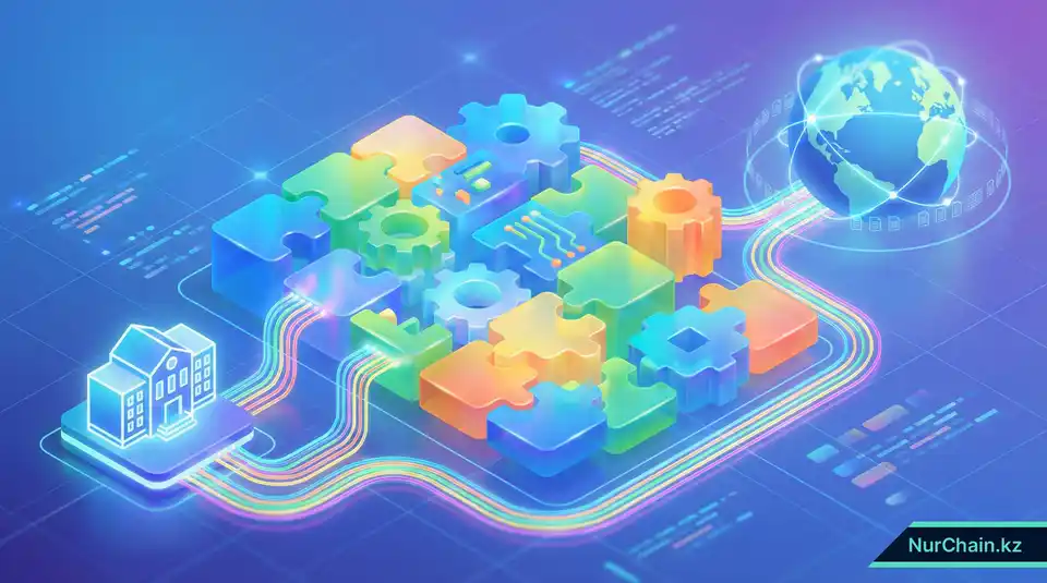 Изометрическая 3D-схема архитектуры ПО, демонстрирующая совместимые модули для выпуска цифровых документов.