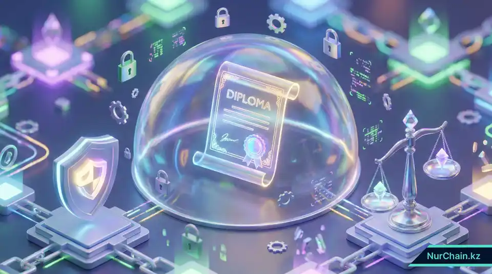 3D-представление инфраструктуры безопасности и соблюдения нормативных требований для NFT-дипломов с изображением защитного щита и весов правосудия.