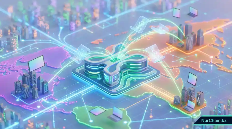 Изометрическое 3D-резюме безопасной глобальной экосистемы цифровых документов, объединяющей университеты со всем миром.