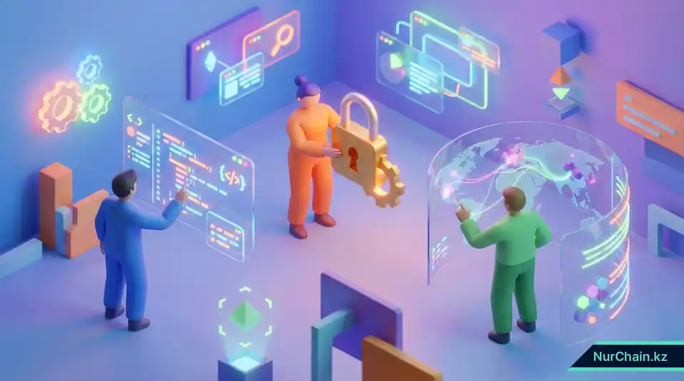 3D-сцена, изображающая техническую команду, работающую над блокчейн-кодом и обеспечением безопасности академических систем.