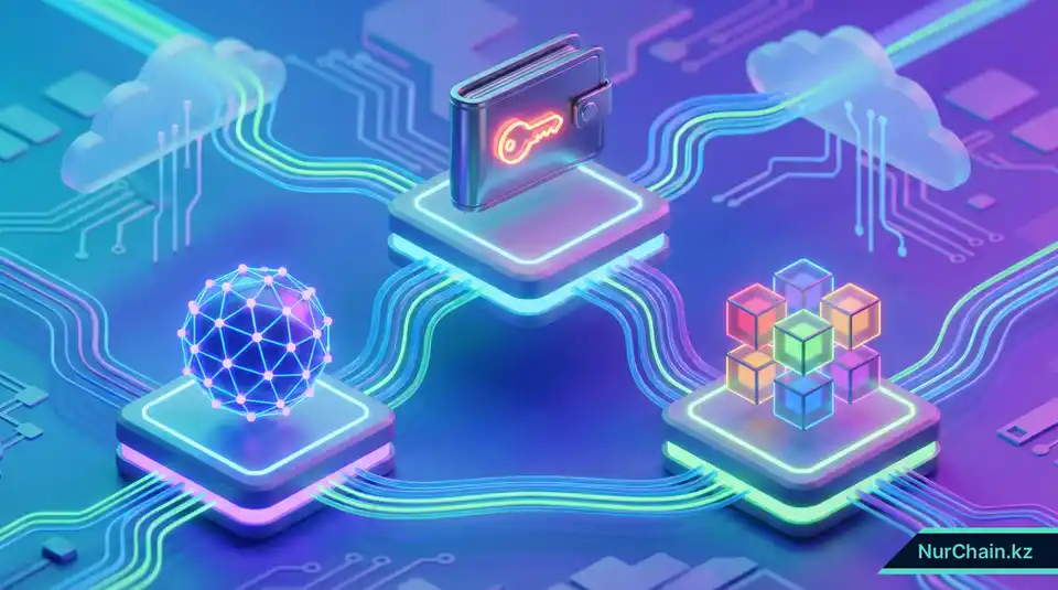 3D-визуализация компонентов Web3, включая институциональный цифровой кошелек, блокчейн-узлы и децентрализованное хранилище.