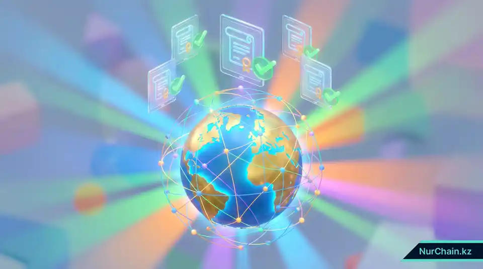 Итоговая 3D-графика, изображающая глобальную сеть верифицированных цифровых дипломов на светящейся карте.