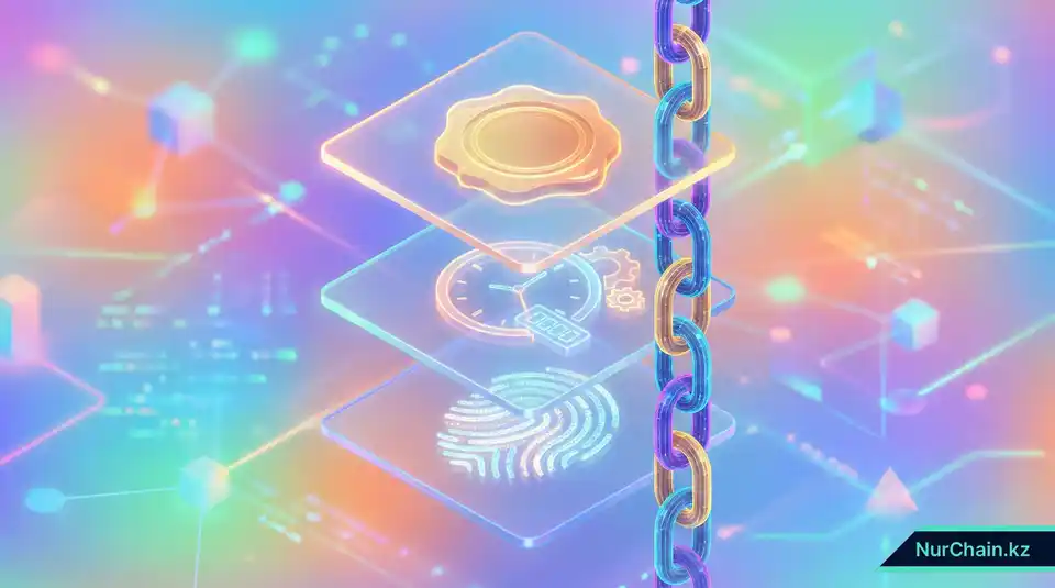 3D-вид цифрового диплома в разрезе, демонстрирующий слои метаданных для идентификации личности, дат и подписей эмитента.