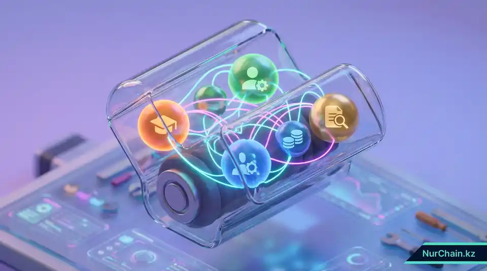 3D-модель «движка данных» с взаимосвязанными сферами, представляющими связанные данные JSON-LD для академических записей.