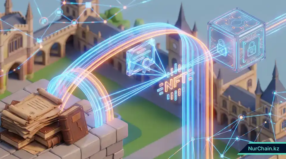 Изометрическая 3D-иллюстрация цифрового моста, трансформирующего бумажные дипломы в защищенные сияющие NFT-документы.