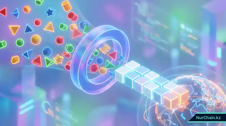 3D-визуализация, показывающая процесс приведения различных форм данных к единому формату для глобального признания и совместимости.