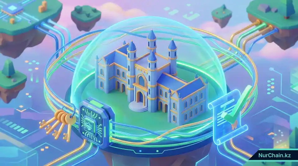 Итоговая иллюстрация защищенного здания университета, окруженного иконками безопасного управления ключами.