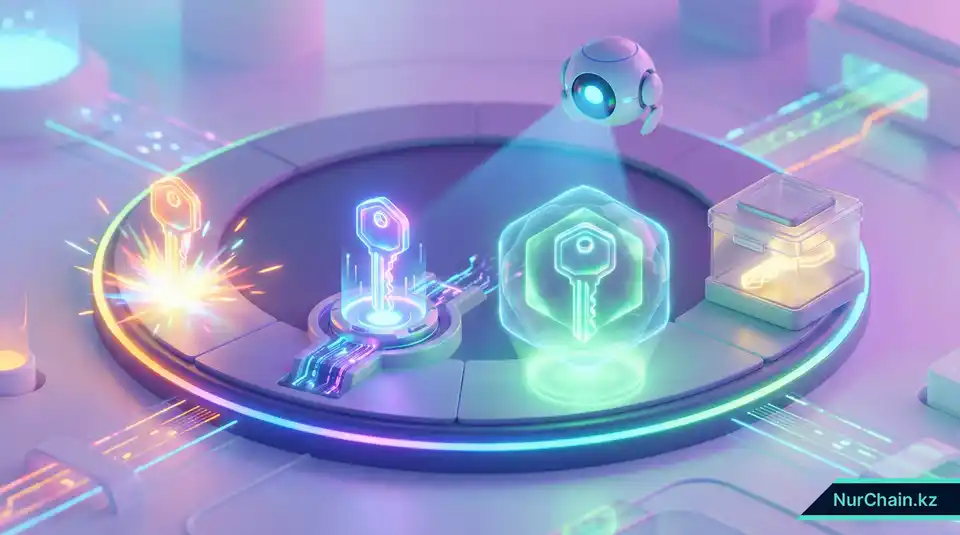 3D-инфографика, демонстрирующая жизненный цикл цифрового ключа от создания до архивации под мониторингом ИИ.