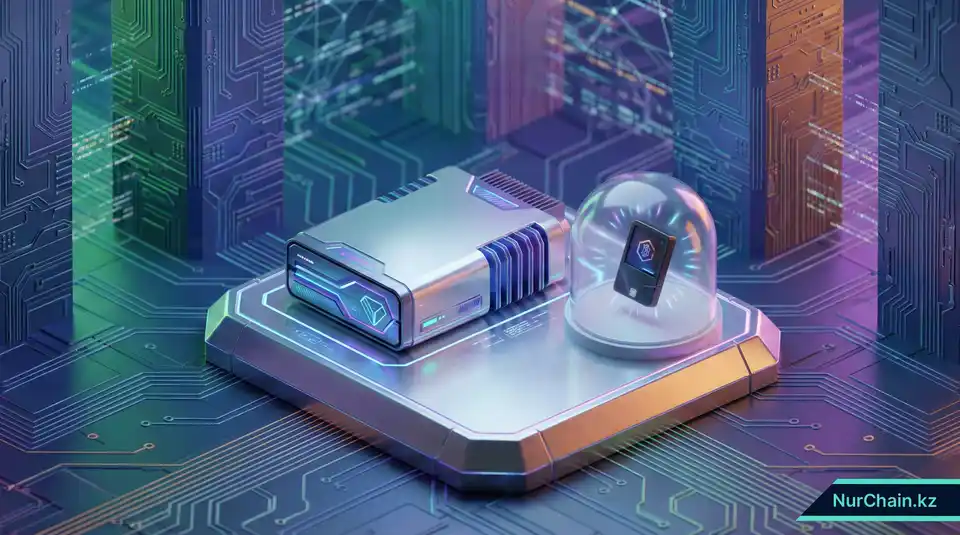 Аппаратный модуль безопасности (HSM) и изолированный кошелек, хранящиеся в высокотехнологичном цифровом сейфе.