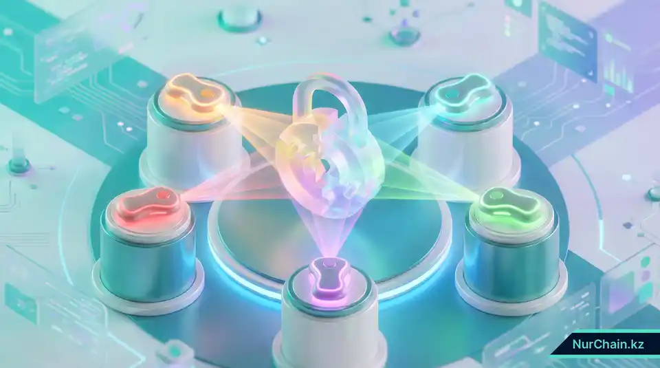 3D-визуализация управления с мультиподписью, где несколько цифровых ключей открывают центральное хранилище.