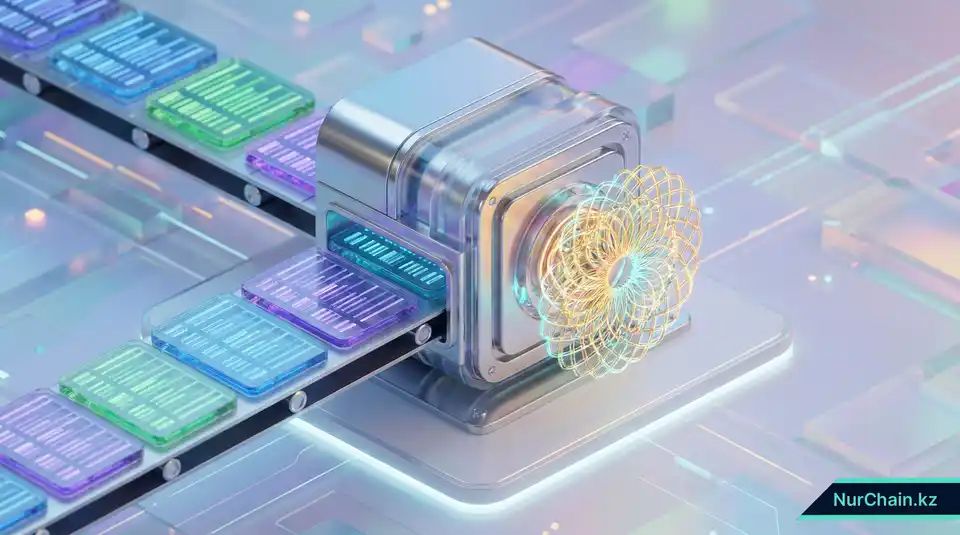 3D-визуализация процесса обработки плиток данных в уникальный цифровой отпечаток, представляющий криптографическое хеширование документов.