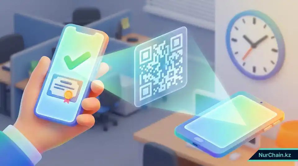 Смартфон, отображающий верифицированный цифровой документ с парящим QR-кодом, иллюстрирующий процесс мгновенной проверки.