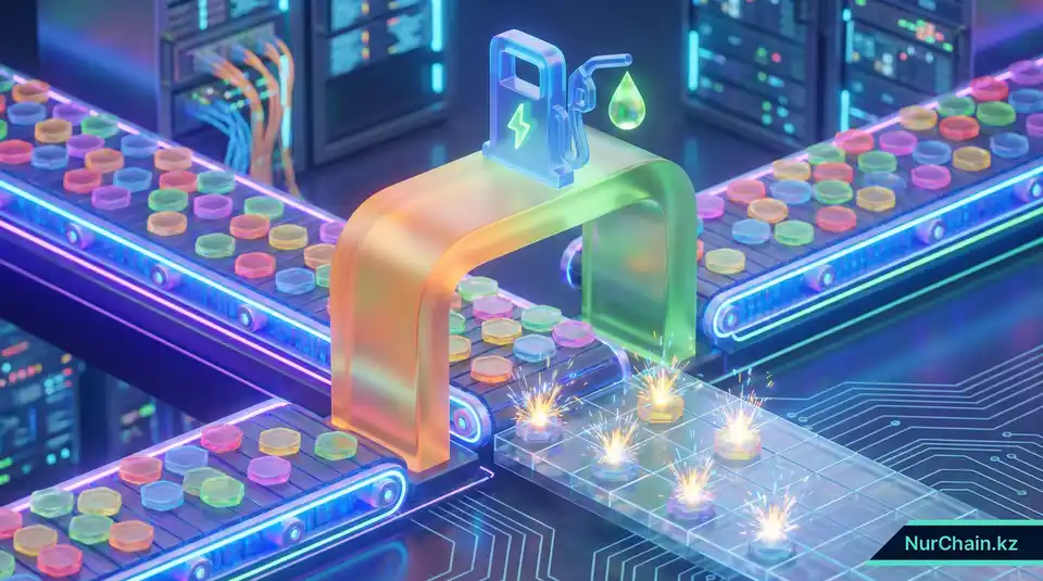 3D-визуализация минтинга NFT-дипломов на конвейере с символами комиссий за газ и блокчейн-транзакций.