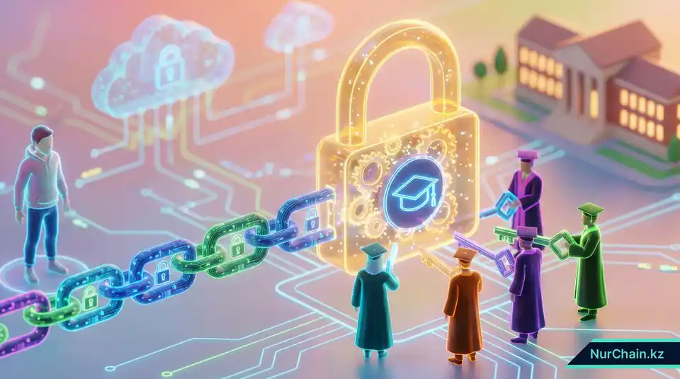 3D-графика смарт-контракта в виде замка с академической шапочкой внутри, символизирующая безопасный и авторизованный выпуск NFT.