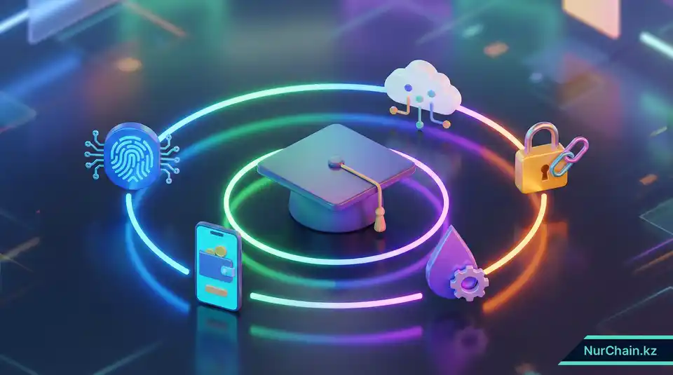 Итоговая 3D-инфографика, показывающая полный жизненный цикл NFT-диплома — от подготовки данных до цифрового кошелька.