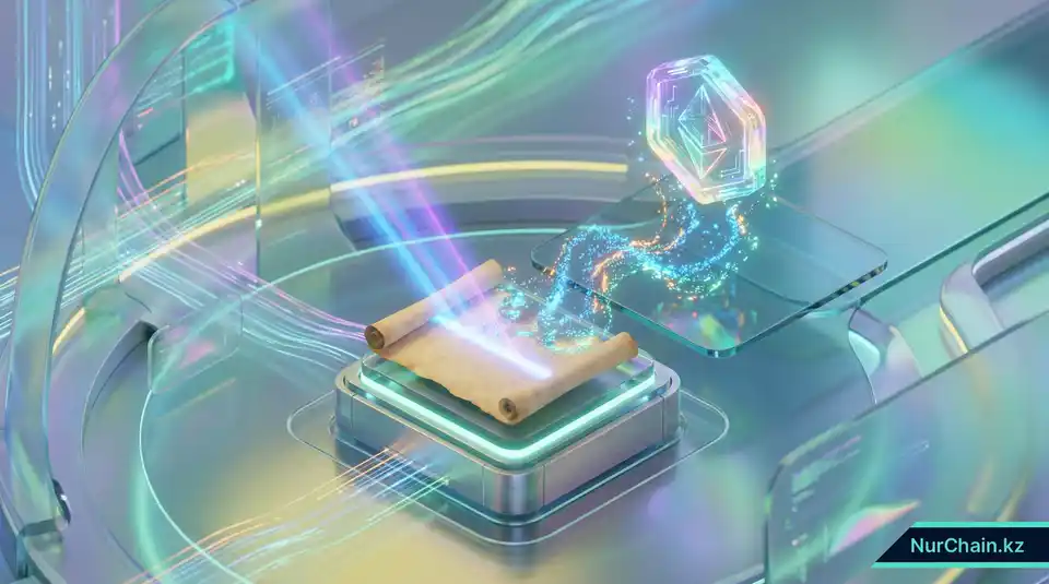 Техническая 3D-иллюстрация, показывающая превращение бумажного диплома в сияющий цифровой NFT-токен в футуристической лаборатории.