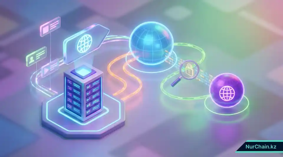 3D-графика серверных стоек и цифровых указателей, соединяющих основной домен с поддоменом верификации через защищенные каналы передачи данных.