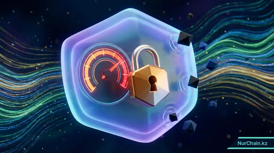 3D-инфографика защищенной цифровой панели, закрытой шестиугольным щитом, представляющая производительность и безопасность портала.