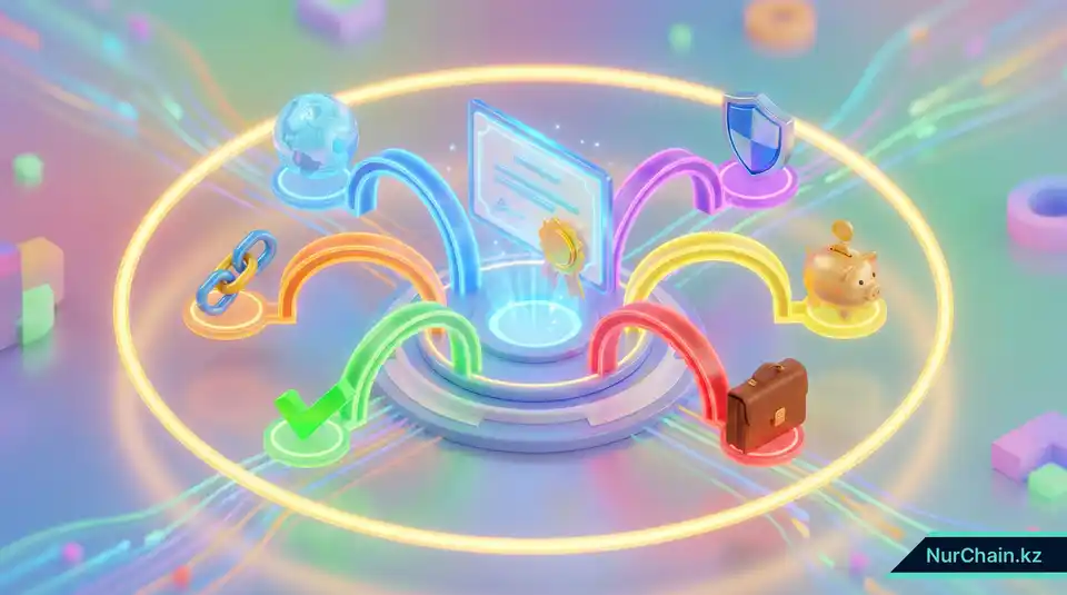 Итоговая 3D-инфографика с центральным цифровым дипломом, связанным с иконками безопасности, доверия, эффективности и глобальной мобильности.