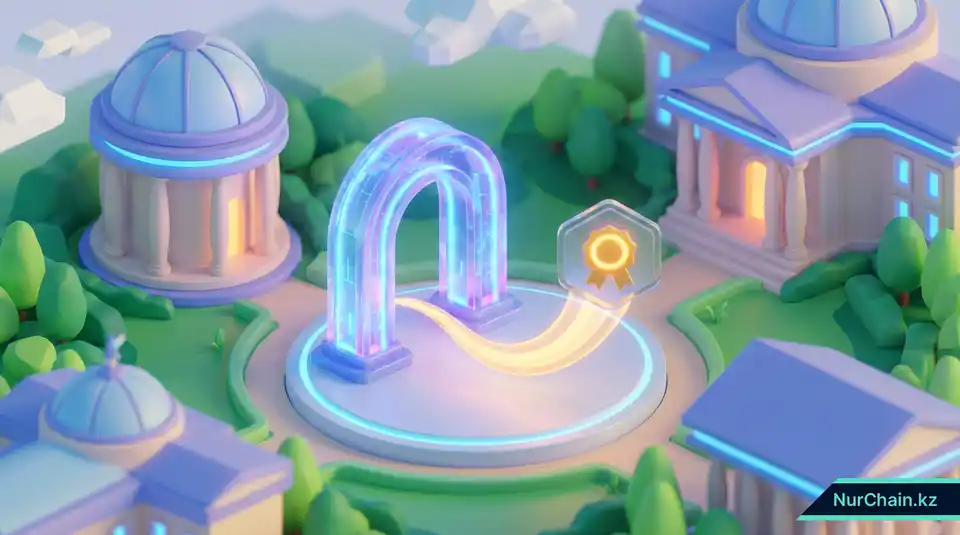 Изометрическая 3D-иллюстрация университетского кампуса со светящимся цифровым шлюзом, символизирующая настройку поддомена для верификации дипломов.