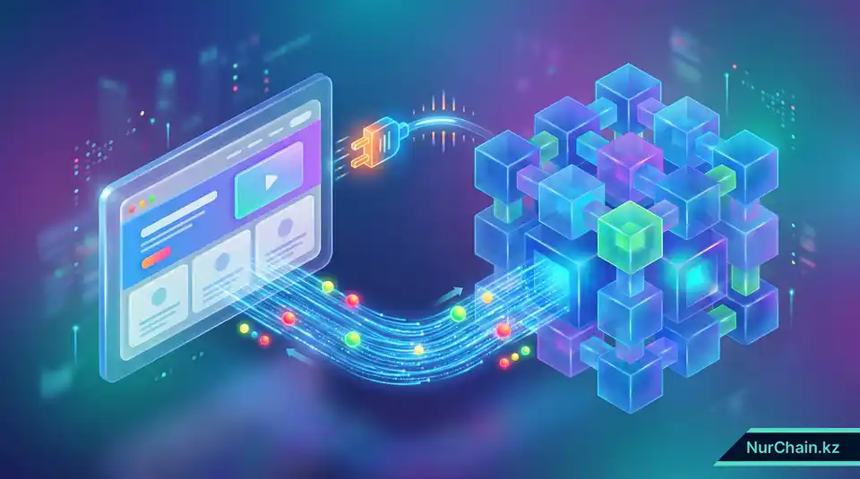 Изометрический 3D-вид цифрового моста, соединяющего веб-интерфейс с сетью блокчейн, что символизирует интеграцию данных в реальном времени.