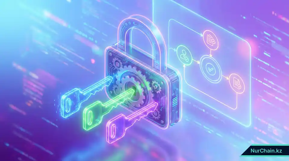 Трехмерная иллюстрация системы управления с мультиподписью для авторизации изменений в академических документах.